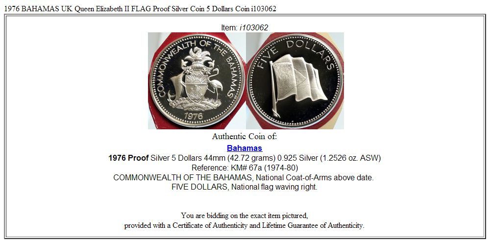 1976 BAHAMAS UK Queen Elizabeth II FLAG Proof Silver Coin 5 Dollars Coin i103062