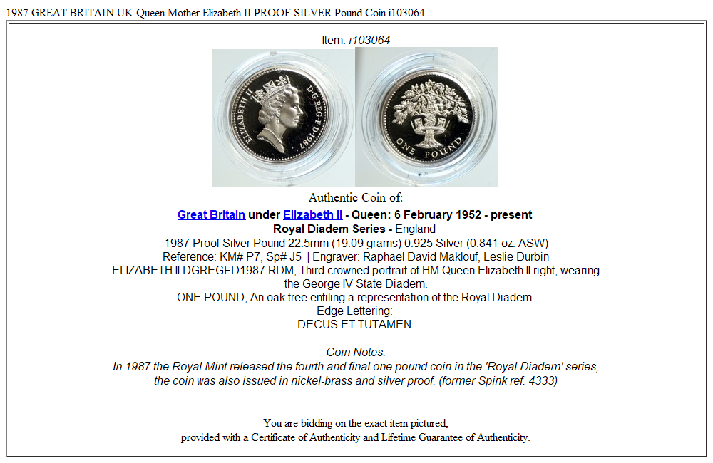 1987 GREAT BRITAIN UK Queen Mother Elizabeth II PROOF SILVER Pound Coin i103064