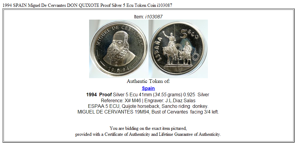 1994 SPAIN Miguel De Cervantes DON QUIXOTE Proof Silver 5 Ecu Token Coin i103087