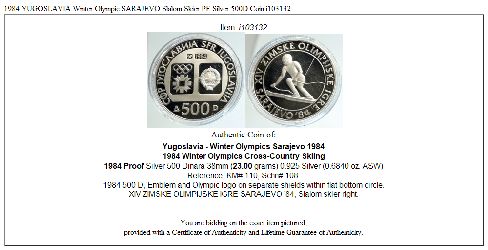 1984 YUGOSLAVIA Winter Olympic SARAJEVO Slalom Skier PF Silver 500D Coin i103132