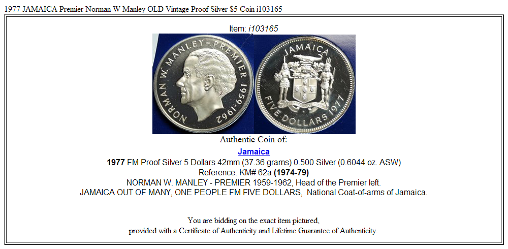 1977 JAMAICA Premier Norman W Manley OLD Vintage Proof Silver $5 Coin i103165