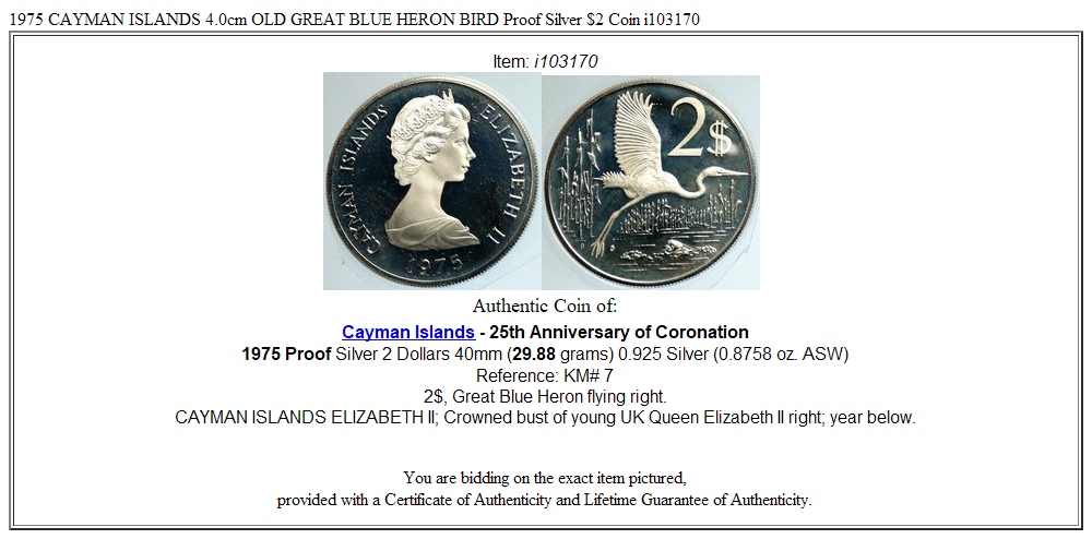 1975 CAYMAN ISLANDS 4.0cm OLD GREAT BLUE HERON BIRD Proof Silver $2 Coin i103170