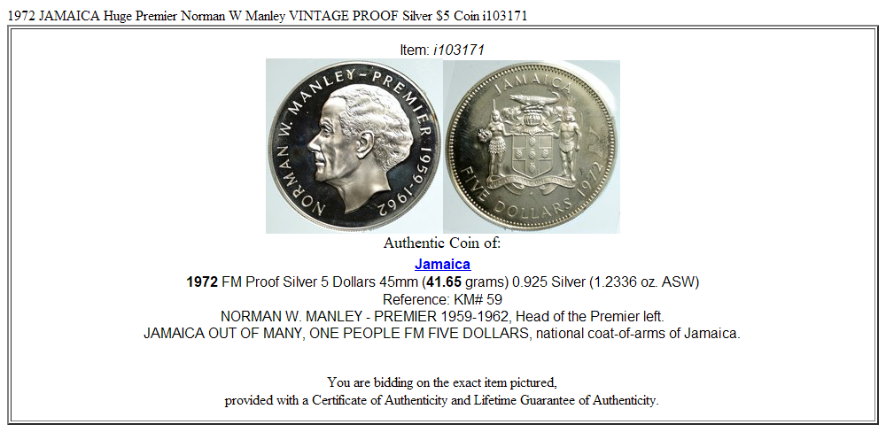 1972 JAMAICA Huge Premier Norman W Manley VINTAGE PROOF Silver $5 Coin i103171