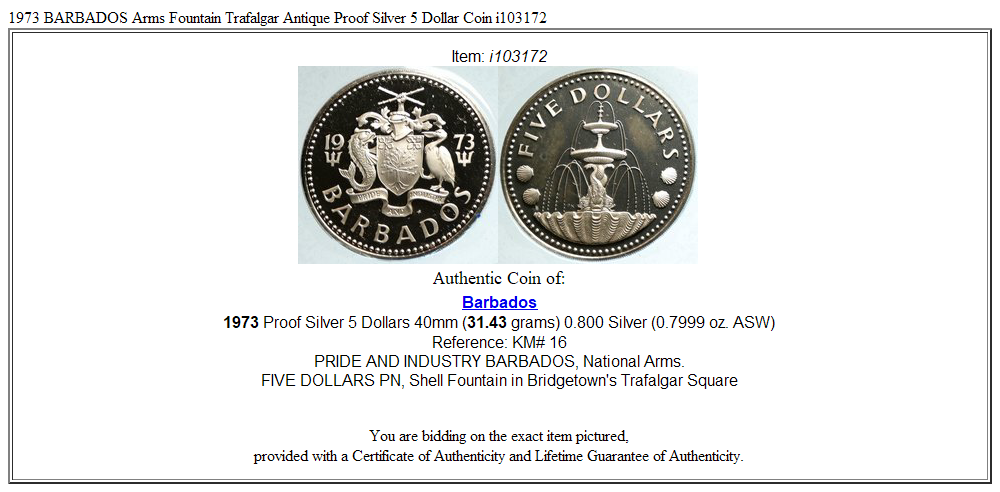 1973 BARBADOS Arms Fountain Trafalgar Antique Proof Silver 5 Dollar Coin i103172