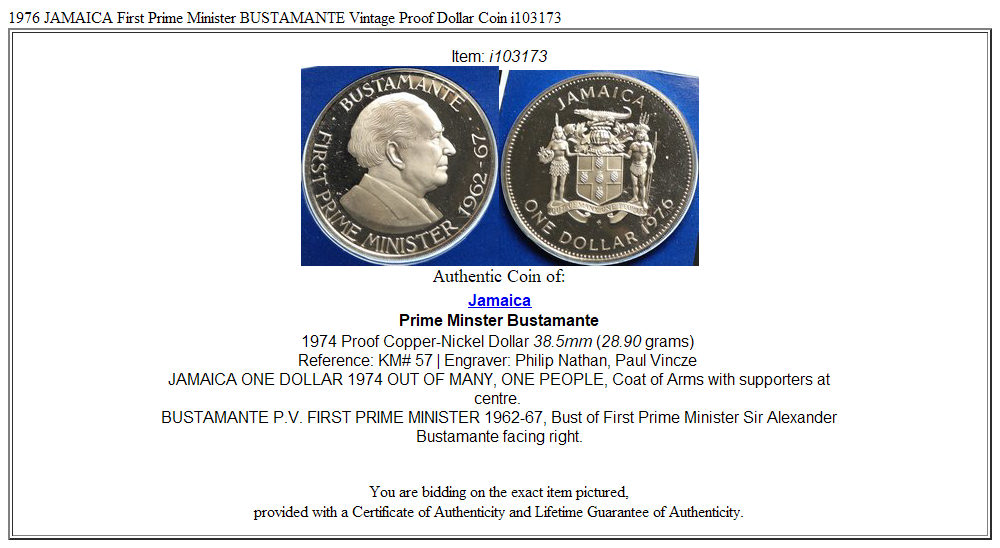 1976 JAMAICA First Prime Minister BUSTAMANTE Vintage Proof Dollar Coin i103173