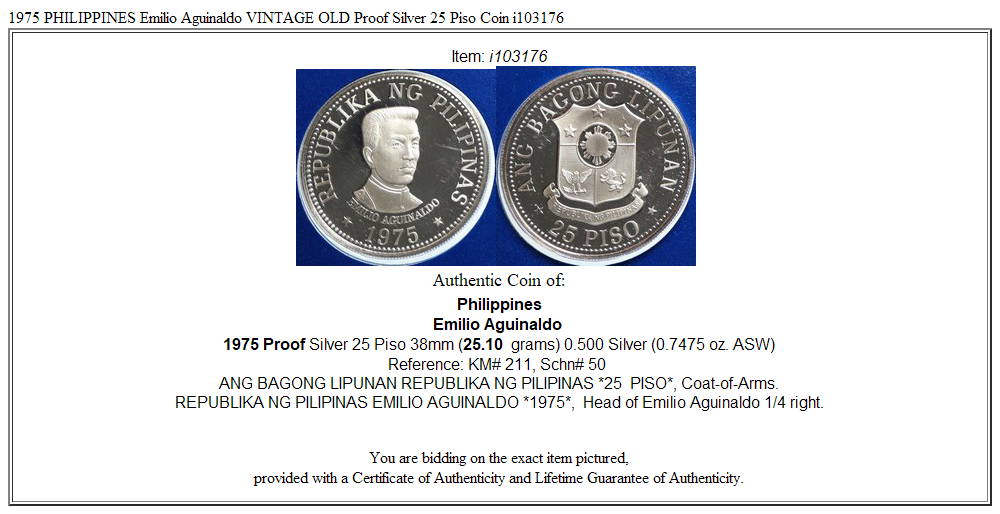 1975 PHILIPPINES Emilio Aguinaldo VINTAGE OLD Proof Silver 25 Piso Coin i103176