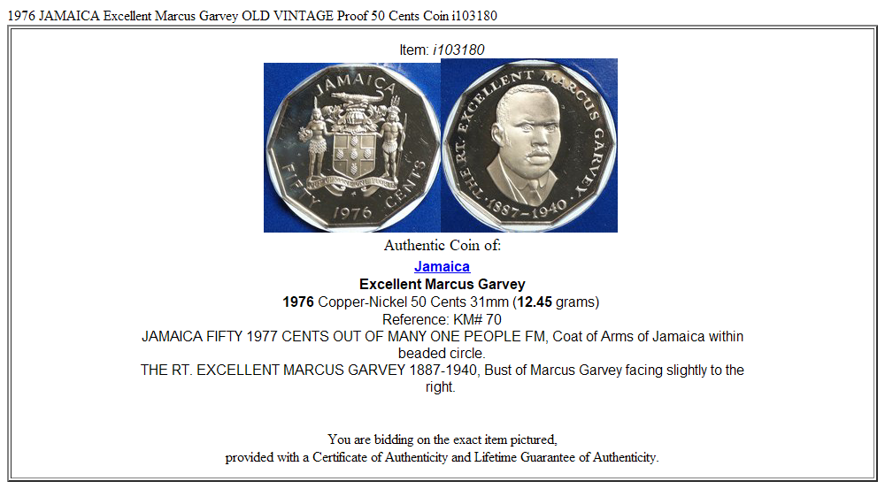 1976 JAMAICA Excellent Marcus Garvey OLD VINTAGE Proof 50 Cents Coin i103180