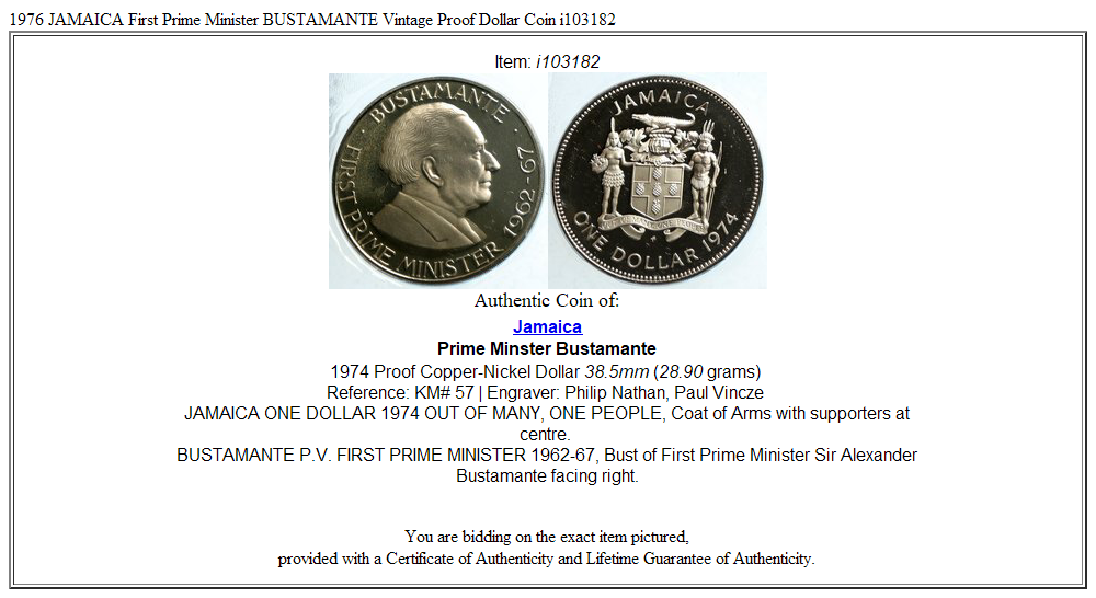 1976 JAMAICA First Prime Minister BUSTAMANTE Vintage Proof Dollar Coin i103182