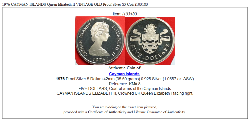 1976 CAYMAN ISLANDS Queen Elizabeth II VINTAGE OLD Proof Silver $5 Coin i103183