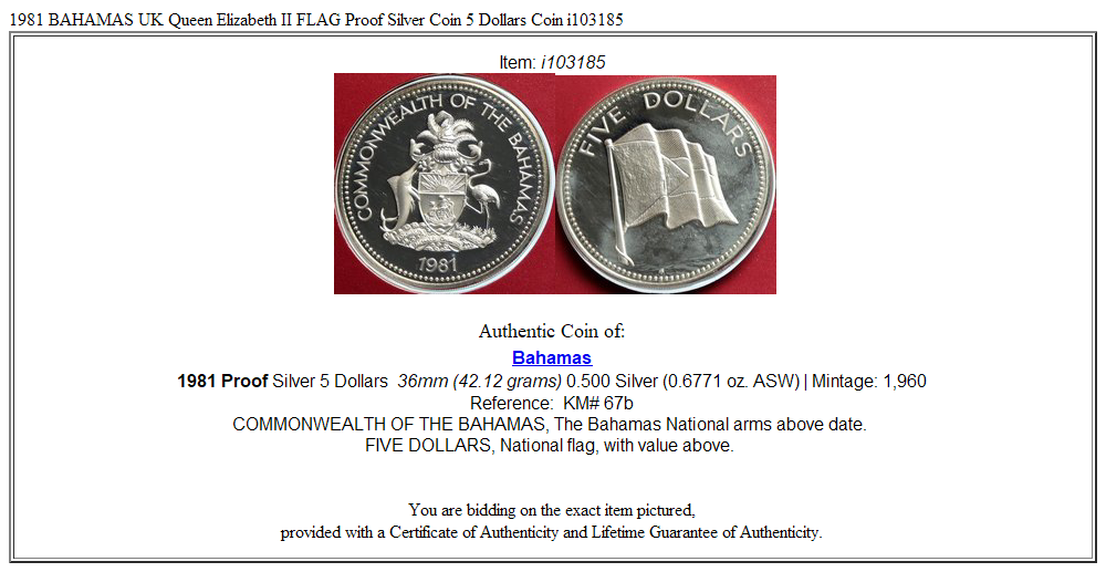 1981 BAHAMAS UK Queen Elizabeth II FLAG Proof Silver Coin 5 Dollars Coin i103185