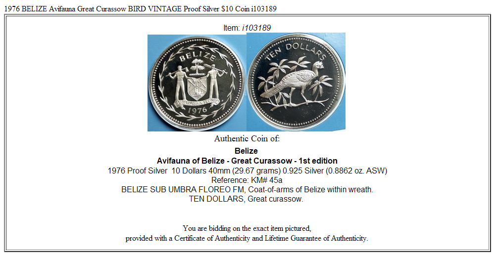 1976 BELIZE Avifauna Great Curassow BIRD VINTAGE Proof Silver $10 Coin i103189