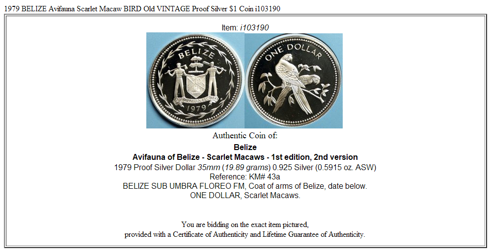 1979 BELIZE Avifauna Scarlet Macaw BIRD Old VINTAGE Proof Silver $1 Coin i103190