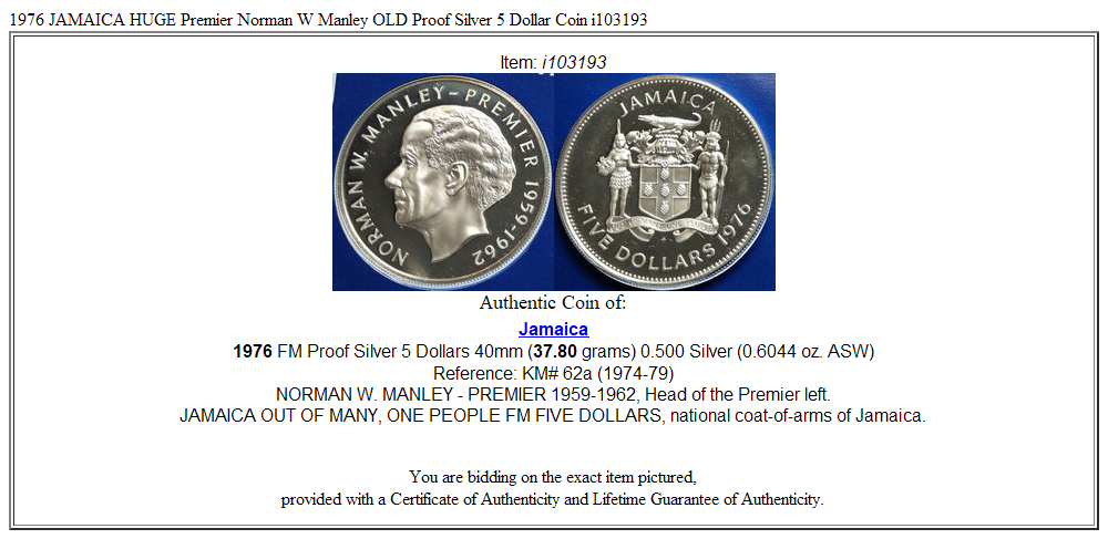 1976 JAMAICA HUGE Premier Norman W Manley OLD Proof Silver 5 Dollar Coin i103193