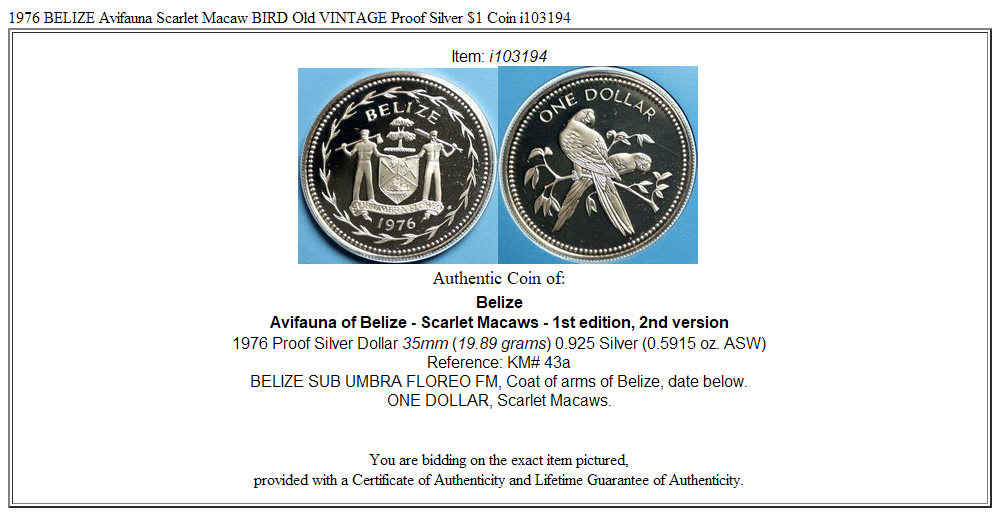 1976 BELIZE Avifauna Scarlet Macaw BIRD Old VINTAGE Proof Silver $1 Coin i103194