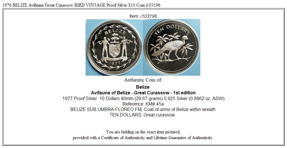 1976 BELIZE Avifauna Great Curassow BIRD VINTAGE Proof Silver $10 Coin i103196