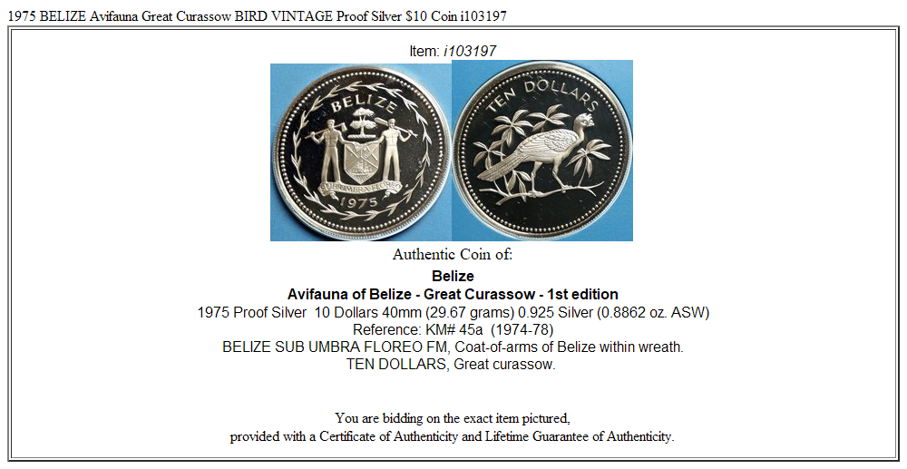 1975 BELIZE Avifauna Great Curassow BIRD VINTAGE Proof Silver $10 Coin i103197