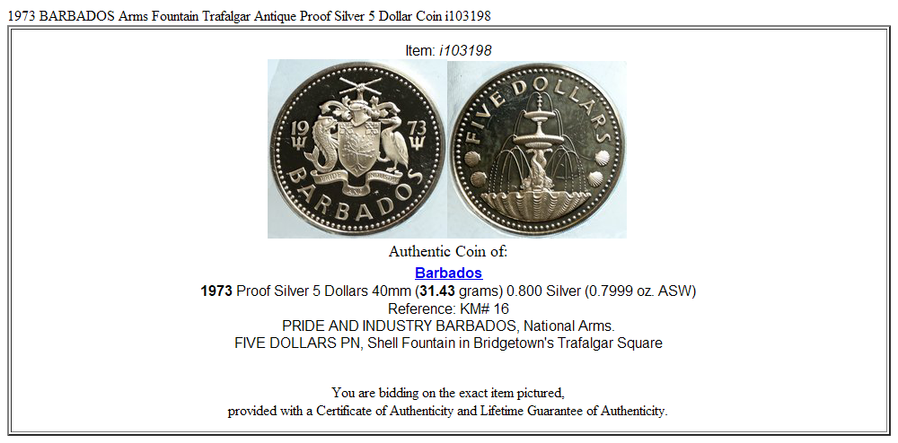 1973 BARBADOS Arms Fountain Trafalgar Antique Proof Silver 5 Dollar Coin i103198