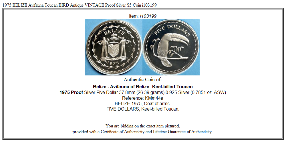 1975 BELIZE Avifauna Toucan BIRD Antique VINTAGE Proof Silver $5 Coin i103199