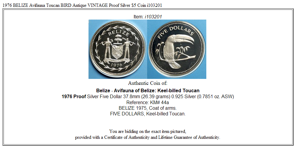 1976 BELIZE Avifauna Toucan BIRD Antique VINTAGE Proof Silver $5 Coin i103201