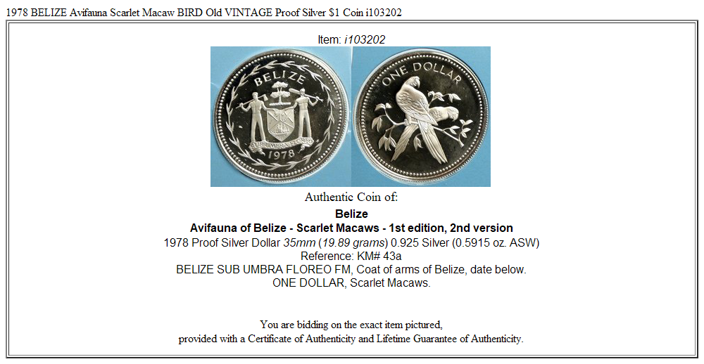 1978 BELIZE Avifauna Scarlet Macaw BIRD Old VINTAGE Proof Silver $1 Coin i103202