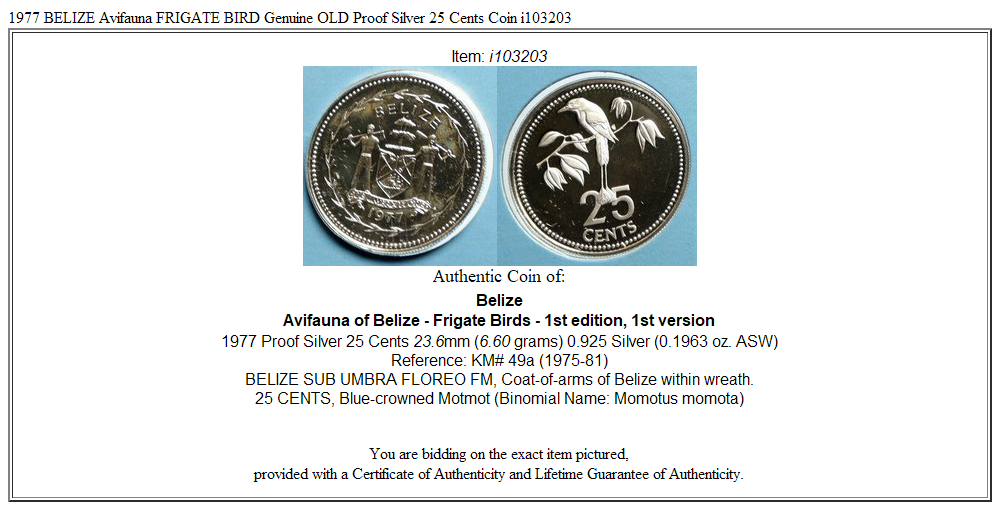 1977 BELIZE Avifauna FRIGATE BIRD Genuine OLD Proof Silver 25 Cents Coin i103203