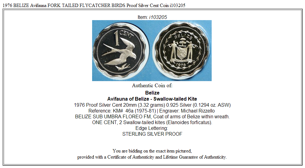 1976 BELIZE Avifauna FORK TAILED FLYCATCHER BIRDS Proof Silver Cent Coin i103205