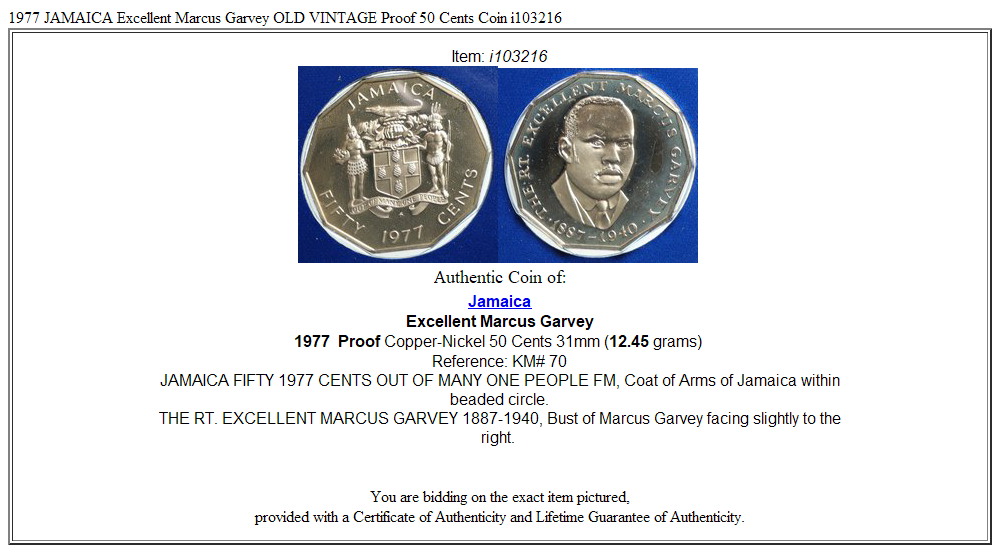 1977 JAMAICA Excellent Marcus Garvey OLD VINTAGE Proof 50 Cents Coin i103216