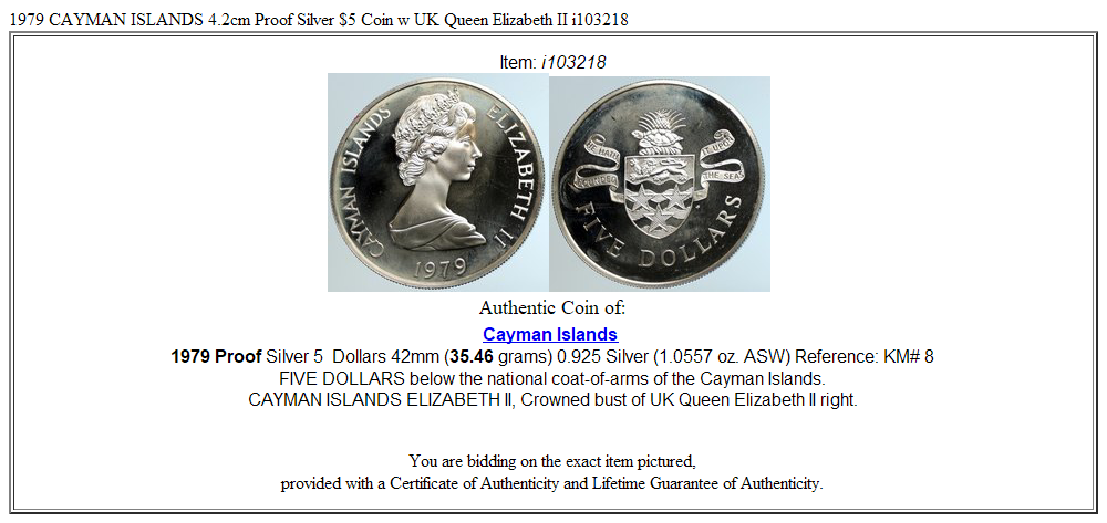 1979 CAYMAN ISLANDS 4.2cm Proof Silver $5 Coin w UK Queen Elizabeth II i103218