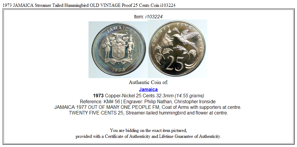 1973 JAMAICA Streamer Tailed Hummingbird OLD VINTAGE Proof 25 Cents Coin i103224