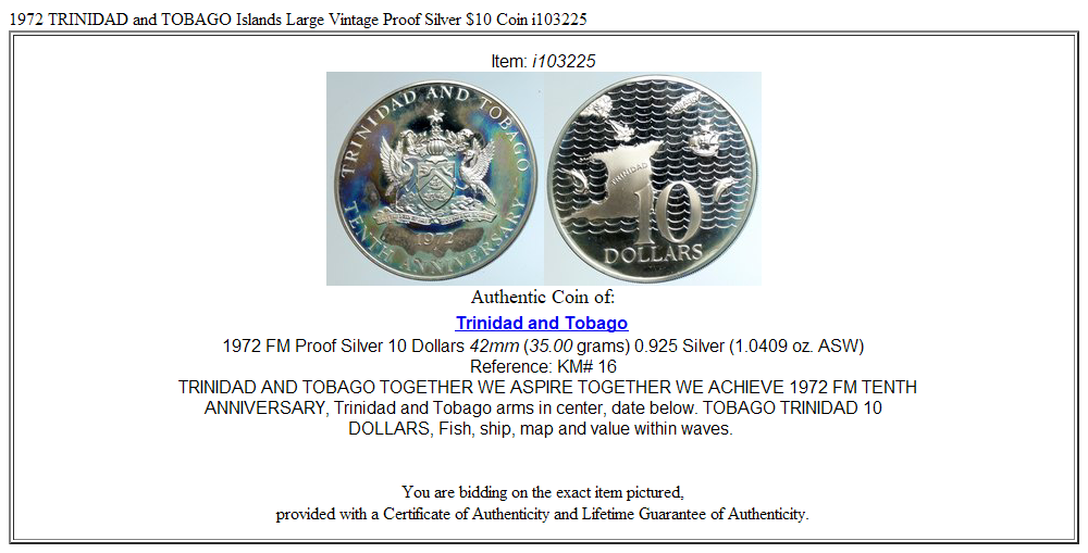 1972 TRINIDAD and TOBAGO Islands Large Vintage Proof Silver $10 Coin i103225