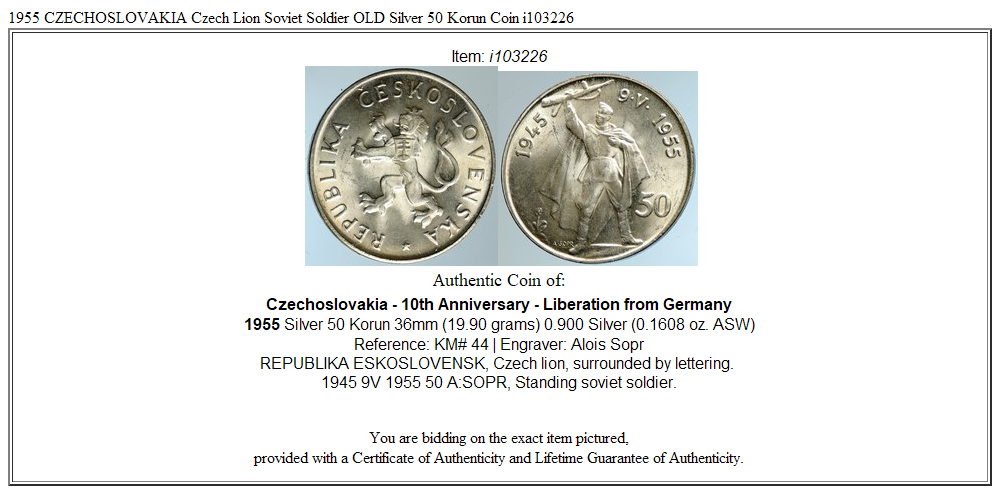 1955 CZECHOSLOVAKIA Czech Lion Soviet Soldier OLD Silver 50 Korun Coin i103226