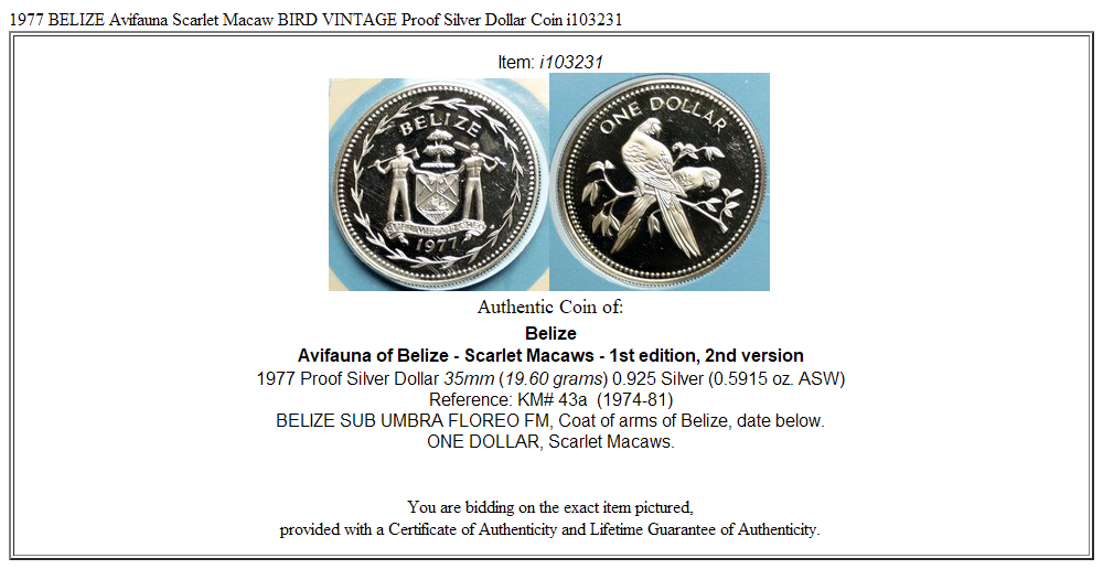 1977 BELIZE Avifauna Scarlet Macaw BIRD VINTAGE Proof Silver Dollar Coin i103231