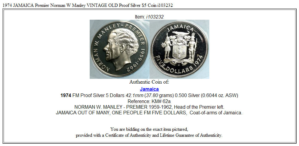 1974 JAMAICA Premier Norman W Manley VINTAGE OLD Proof Silver $5 Coin i103232