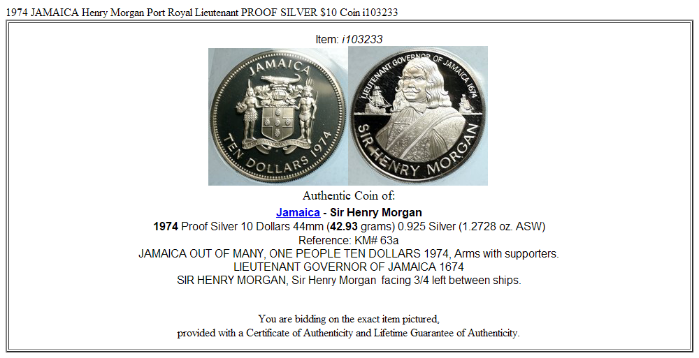 1974 JAMAICA Henry Morgan Port Royal Lieutenant PROOF SILVER $10 Coin i103233