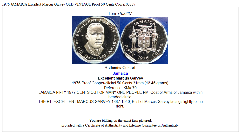 1976 JAMAICA Excellent Marcus Garvey OLD VINTAGE Proof 50 Cents Coin i103237