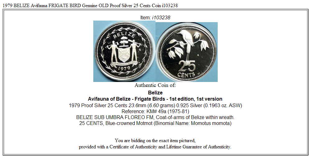 1979 BELIZE Avifauna FRIGATE BIRD Genuine OLD Proof Silver 25 Cents Coin i103238