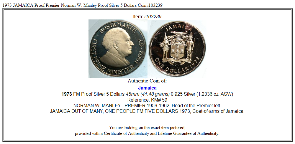 1973 JAMAICA Proof Premier Norman W. Manley Proof Silver 5 Dollars Coin i103239