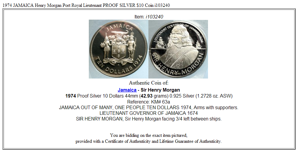 1974 JAMAICA Henry Morgan Port Royal Lieutenant PROOF SILVER $10 Coin i103240