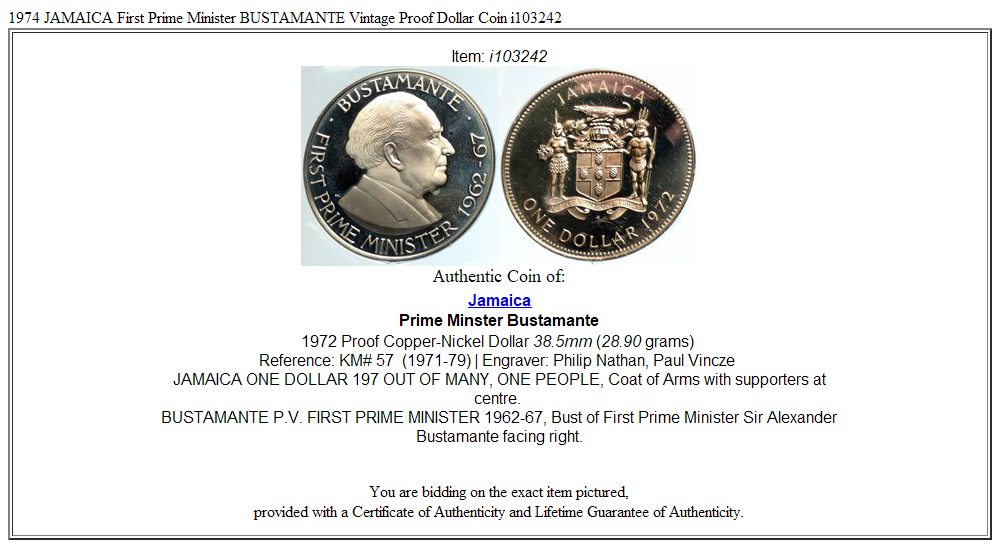 1974 JAMAICA First Prime Minister BUSTAMANTE Vintage Proof Dollar Coin i103242