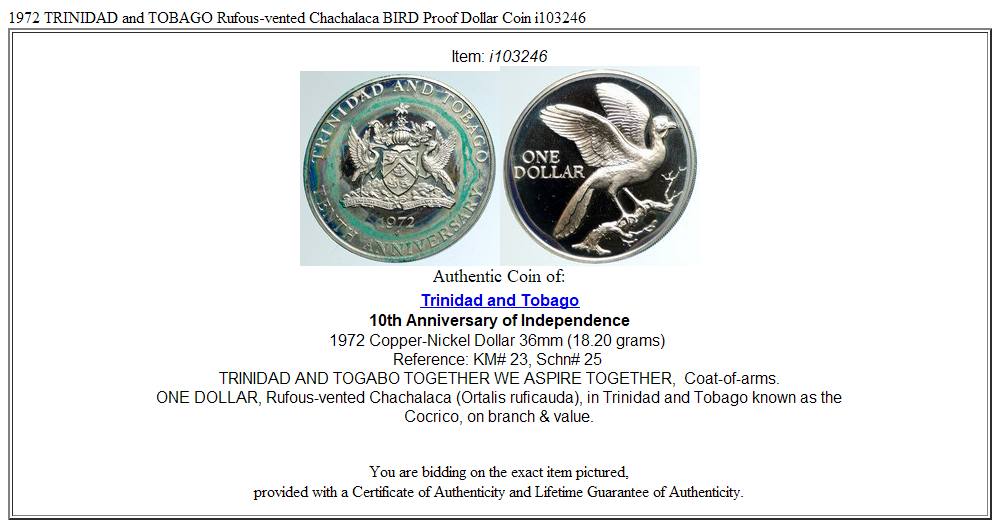 1972 TRINIDAD and TOBAGO Rufous-vented Chachalaca BIRD Proof Dollar Coin i103246