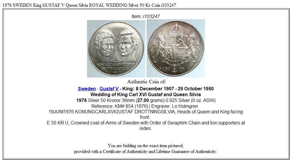 1976 SWEDEN King GUSTAF V Queen Silvia ROYAL WEDDING Silver 50 Kr Coin i103247