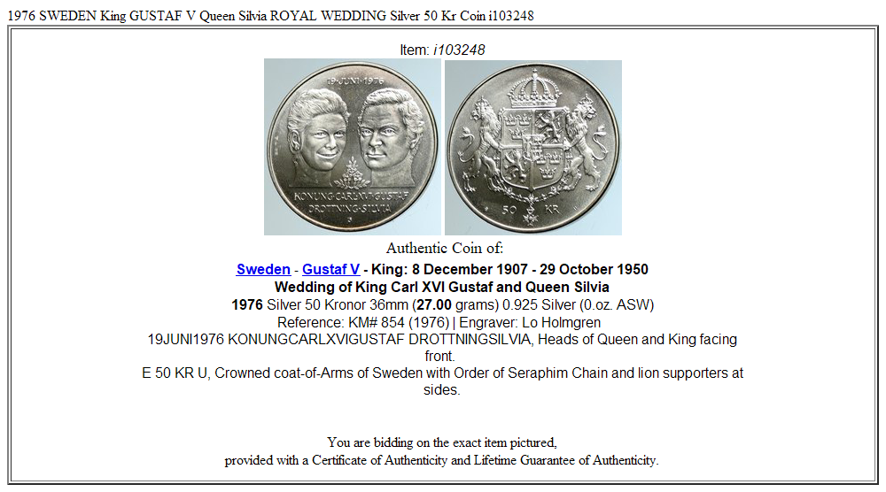 1976 SWEDEN King GUSTAF V Queen Silvia ROYAL WEDDING Silver 50 Kr Coin i103248