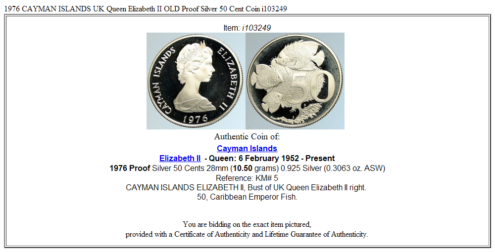 1976 CAYMAN ISLANDS UK Queen Elizabeth II OLD Proof Silver 50 Cent Coin i103249