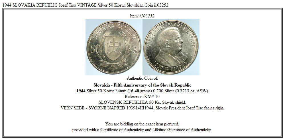 1944 SLOVAKIA REPUBLIC Jozef Tiso VINTAGE Silver 50 Korun Slovakian Coin i103252