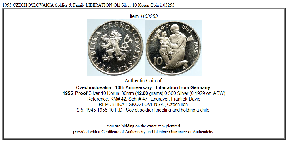 1955 CZECHOSLOVAKIA Soldier & Family LIBERATION Old Silver 10 Korun Coin i103253