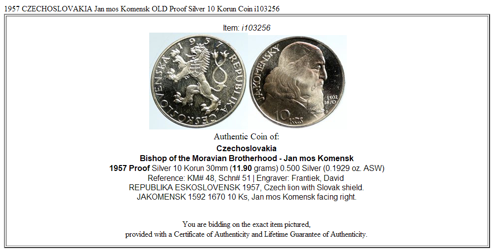 1957 CZECHOSLOVAKIA Jan Ámos Komenský OLD Proof Silver 10 Korun Coin i103256