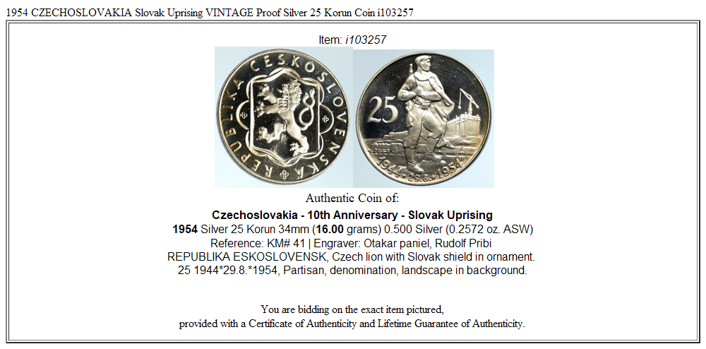 1954 CZECHOSLOVAKIA Slovak Uprising VINTAGE Proof Silver 25 Korun Coin i103257