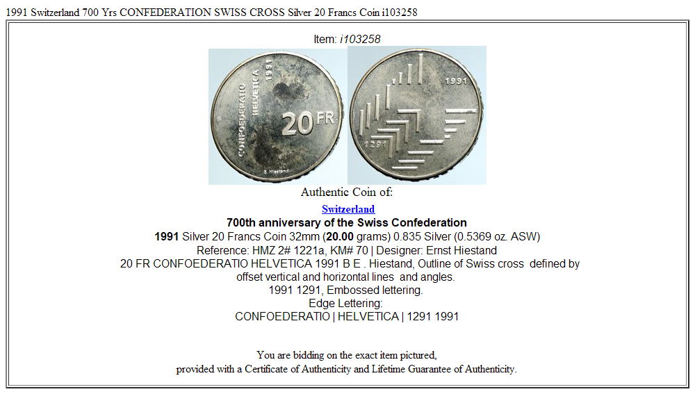 1991 Switzerland 700 Yrs CONFEDERATION SWISS CROSS Silver 20 Francs Coin i103258