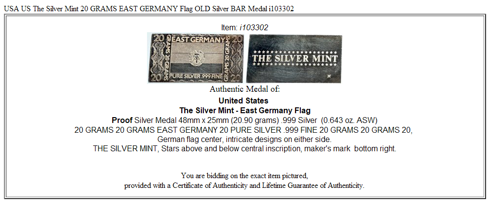 USA US The Silver Mint 20 GRAMS EAST GERMANY Flag OLD Silver BAR Medal i103302