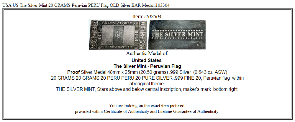 USA US The Silver Mint 20 GRAMS Peruvian PERU Flag OLD Silver BAR Medal i103304